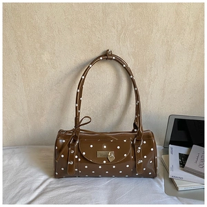 Chic brown polka dot cylinder shoulder bag with gold heart padlock and long handle
