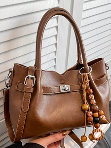 Vintage PU Leather Bucket Bag For Women Retro Shoulder Crossbody Handbag With Wooden Bead Charm Minimalist Commuter Tote Bag