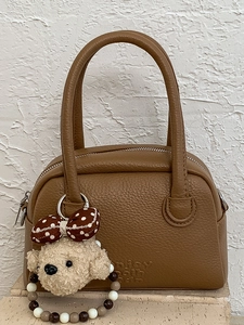 Borsa Boston Vintage in Pelle PU Donna Motivo Litchi Borsa a Mano Con Ciondolo Orso Peluche Retro Borsa a Tracolla Quotidiana