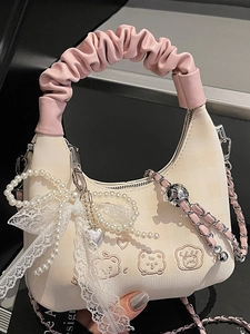 Chic pleated hobo bag in beige corduroy with pink handles and cute bear embroidery