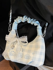 Blue plaid ruffled handbag with bear embroidery, lace bows, and pearl chains charm
