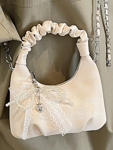 Chic pleated crescent handbag in cream with pearl chain and lace bow detail