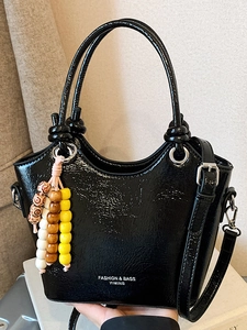 Sac Seau en Cuir PU Brillant Rétro pour Femmes Sac à Main Minimaliste avec Poignée Nouée et Charme en Perles de Bois