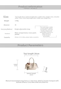 Detailed size chart showing dimensions and capacity for the stylish beige bucket bag