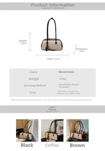 Detailed dimension guide for the retro fabric baguette shoulder bag showing 27x13x7 cm size