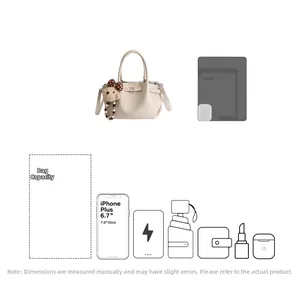 Capacity detail of the beige bucket bag showing daily essentials and bear charm
