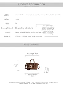 Detailed size chart showing dimensions and capacity of the brown PU leather handbag