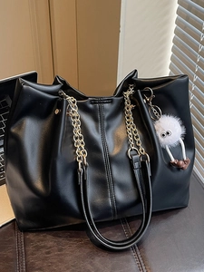 Women Retro Soft PU Leather Large Capacity Tote Bag Fashion Commuter Shoulder Bag For College Students With Plush Charm