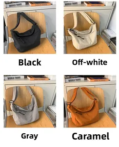 Collage of casual crossbody bags in black, off-white, grey and caramel colors