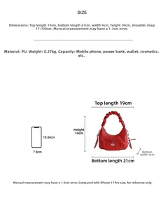 Size chart showing PU leather bucket bag dimensions with iPhone 17 Pro comparison