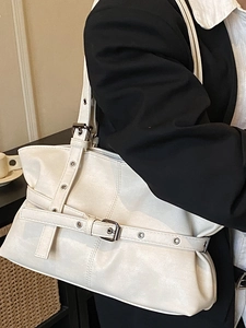 Minimalist white PU leather tote bag with punk metal buckle straps for office fashion