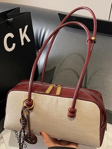 Women Vintage Canvas Synthetic Leather Underarm Shoulder Bag Large Capacity Boston Pillow Bag With Pendant Stitching Handbag