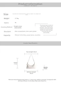Size chart showing dimensions and capacity for white PU leather pleated crossbody bag