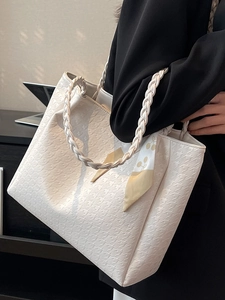 White large capacity tote bag with star embossing and silk scarf on shoulder