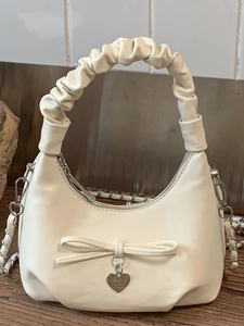 Women Fashion PU Leather Shoulder Bag With Bow Heart Pendant Ruched Handle Chain Strap Elegant Hobo Handbag Crossbody Bag