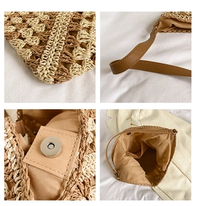 Detail of woven tote featuring magnetic clasp, interior pocket and dual-tone texture