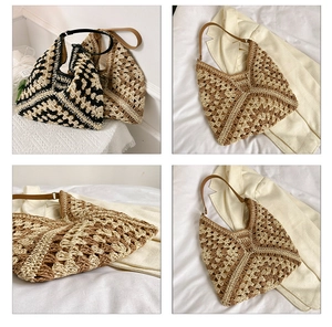Detail view of large woven tote bag with geometric patterns and leather handles