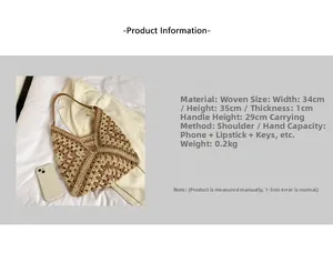 Detail view of woven straw tote bag with dimensions 34x35x1cm and 29cm strap height
