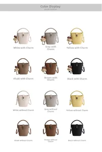 Grid display of leather bucket bags in six colors with optional plush bear charms