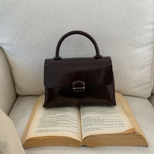 Close-up of vintage dark brown glossy leather handbag with silver clasp on a book