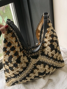 Large capacity woven straw tote bag with black and beige geometric pattern for beach vacation