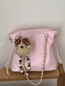 Women Quilted Diamond Lattice Shoulder Bag Fashion PU Leather Bucket Bag Retro Chain Commute Handbag With Bear Charm