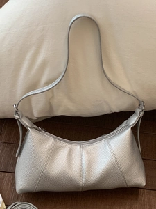 Large silver crescent shoulder bag in lychee pattern faux leather for daily commute
