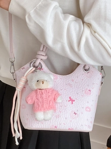 Pink printed crossbody bucket bag for women with cute teddy bear charm pendant