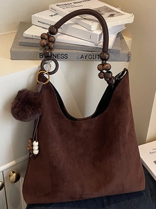 Retro Women PU Leather Tote Bag Large Capacity Suede Look Hobo Bag With Wooden Beads Strap And Fur Ball Charm