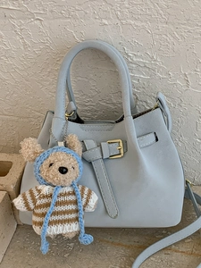 Vintage Urban Simple PU Leather Bucket Bag For Women Retro Stitching Shoulder Crossbody Bag With Plush Bear Charm