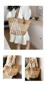 Detail of woven straw tote bag with white lace ribbon and pink floral embroidery