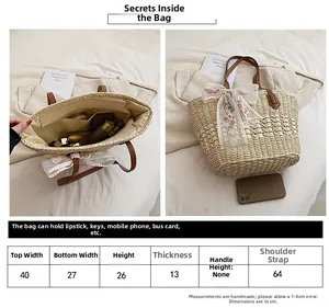 Size chart for handmade straw tote bag with floral lace bow and large storage capacity