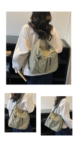 Detail of olive nylon crossbody bag featuring drawstring pockets and multi-functional straps