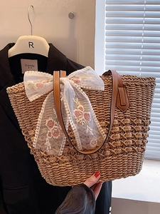 Handmade Straw Woven Tote Bag For Women Large Capacity Lace Bow Floral Embroidery Summer Beach Shoulder Handbag
