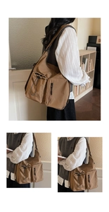 Detailed view of brown multi-pocket canvas crossbody bag showing functional zip and drawstring pockets