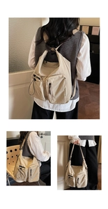 Beige multi-pocket crossbody bag showing detailed side view and large capacity design