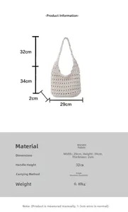 Detailed size specifications for woven crochet tote bag with mesh structure and strap info