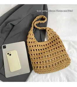 Size comparison of a hand-woven beach tote bag with an iPad and smartphone