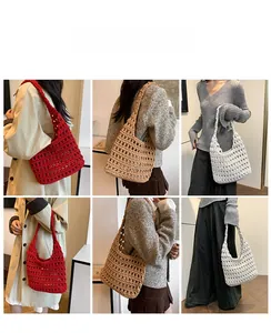 Detail shots of crochet tote bags in red, beige, and white with hollow mesh texture