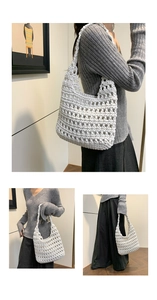 Close-up of cream woven crochet tote bag showing detailed hollow knit pattern and texture