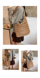 Detailed close-up showing the intricate hollow weave texture of this khaki straw tote bag