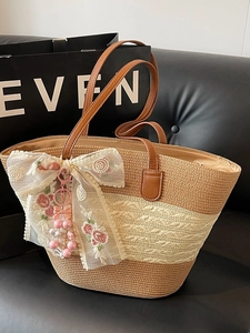 Koreanische Stroh-Tote-Bag Für Damen Große Kapazität Strandtasche Mit Blumenstickerei Und Spitzenschleife Sommer Handtasche