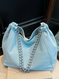 Women Denim Tote Bag Fashion Chain Shoulder Bag Large Capacity Washed Denim Commuter Hobo Bag Casual Minimalism Style