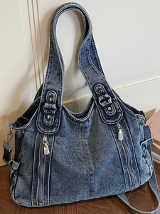 Retro Washed Denim Tote Bag Women Large Capacity Minimalist Jeans Handbag With Vertical Zippers Adjustable Shoulder Bag