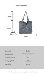 Detailed size specifications of blue denim tote bag with LOVE print showing 44x35x10cm dimensions