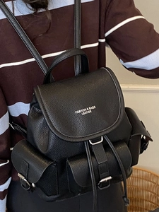 Retro black leather backpack with large capacity and multi-pocket design for women