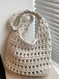 Handmade Woven Crochet Hollow Tote Bag For Women Summer Beach Vacation Shoulder Bag Straw Knit Underarm Purse For Daily Use