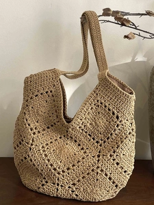 Cabas en Corde de Coton Tissé à la Main Femmes Bohème Sac à Épaule Ajouré Décontracté Sac de Plage Été Grande Capacité Sac à Main