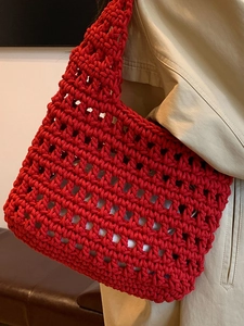 Handmade red crochet tote bag for women featuring a thick hollow mesh woven hobo design
