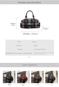 Size chart showing 23x12x10cm dimensions for plaid fabric Boston handbag and its features